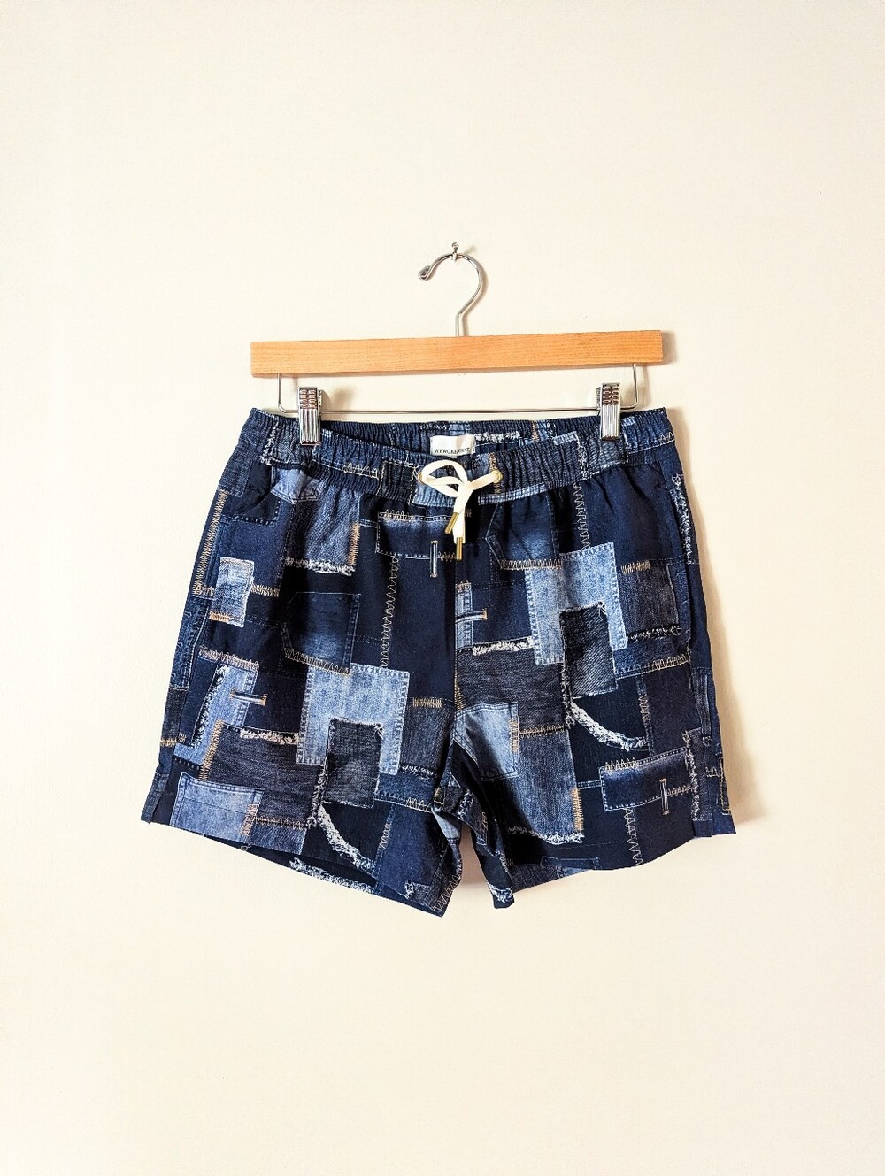 WeWoreWhat Denim Patchwork Boyfriend Swim Shorts